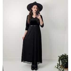 Whimsigoth Witchy Black Velvet Glitter Floral Mesh Maxi Dress Size 16 Grunge VTG